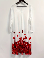 Heart Print Long Sleeve V Neck Midi Dress