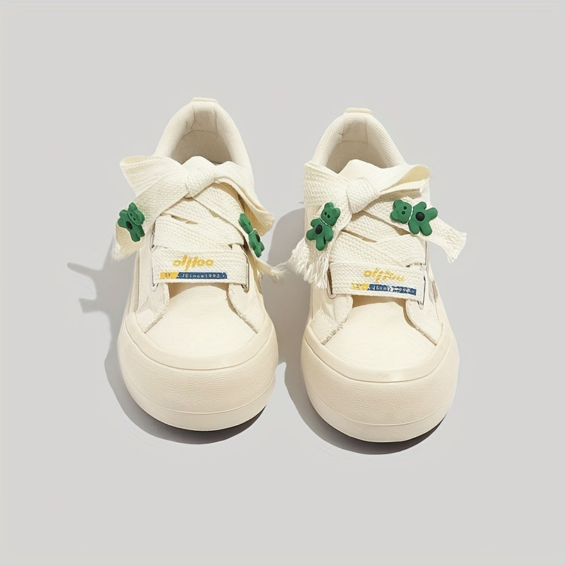 Women's Bear Decor Platform Canvas Sneakers Lace Up Skate Shoes