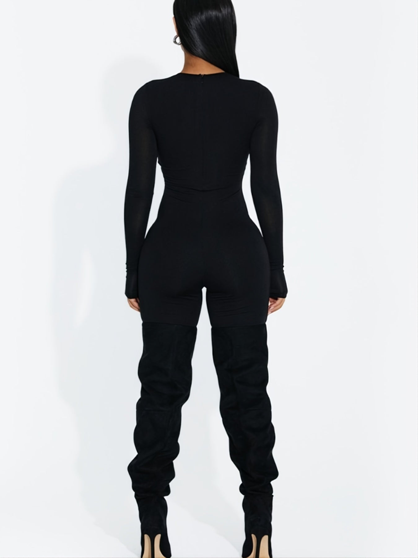 Solid Skinny Stretchy Jumpsuit Crew Neck Long Sleeve Casual Suit