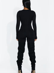 Solid Skinny Stretchy Jumpsuit Crew Neck Long Sleeve Casual Suit