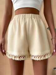 Solid Color Waffle Tassel Shorts Elastic Waist