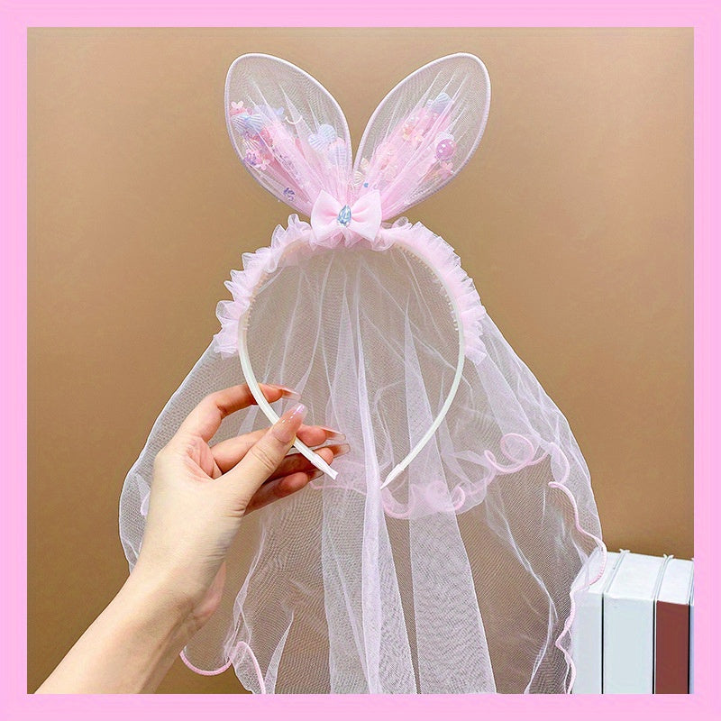 Pink Rabbit Ears Butterfly Head Hoop Girls Non Slip Mesh Hair Accessory