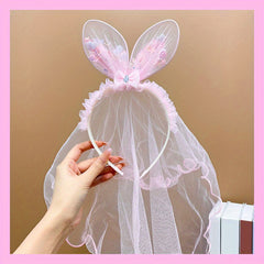 Pink Rabbit Ears Butterfly Head Hoop Girls Non Slip Mesh Hair Accessory