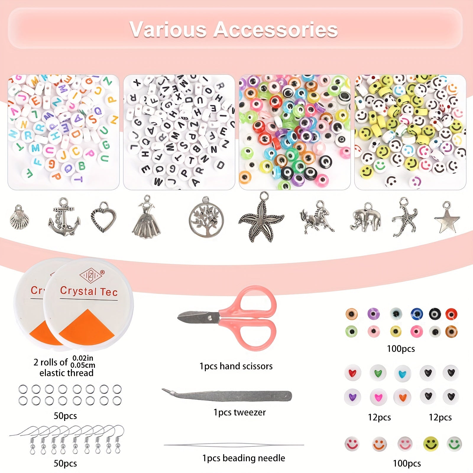 2mm Glass Seed Beads Set with 440 Letter Beads, 100 Smiling Face Beads & 100 Evi