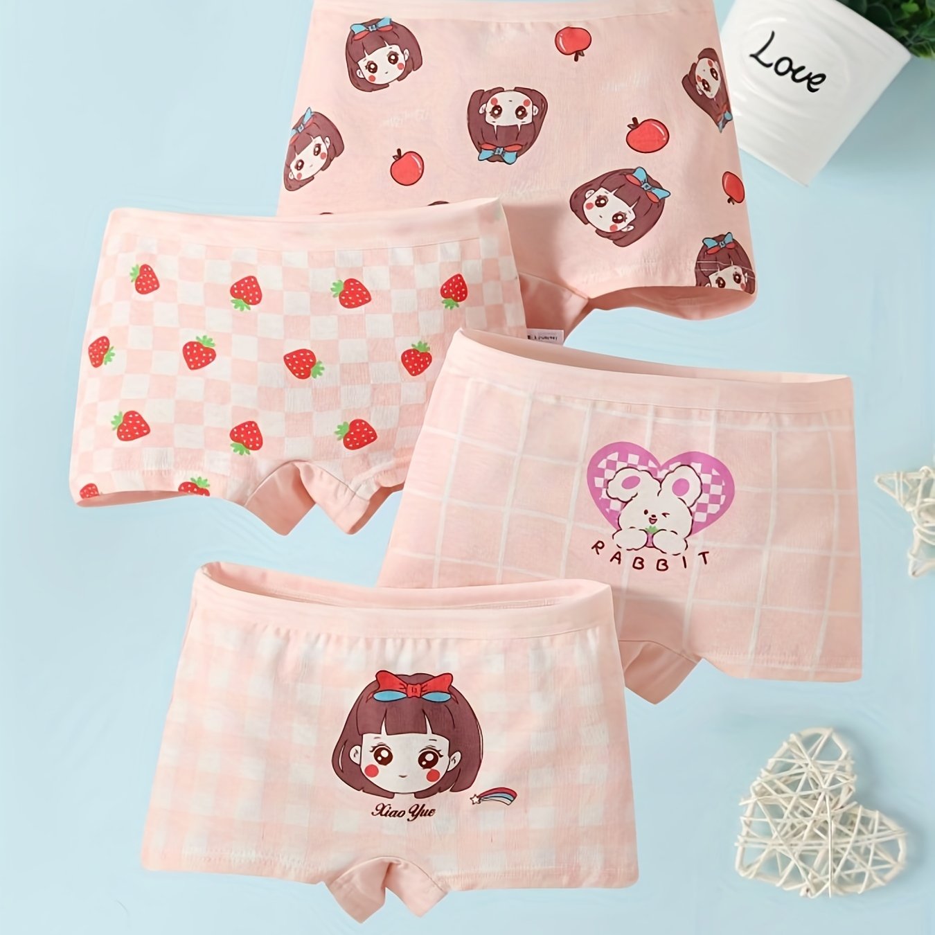 4pcs Girls Boxer Briefs Plaid Strawberry Print Underwear Kids Clothes
