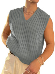Men's Retro Style V Neck Knitted Vest in Stripe Textured Pattern