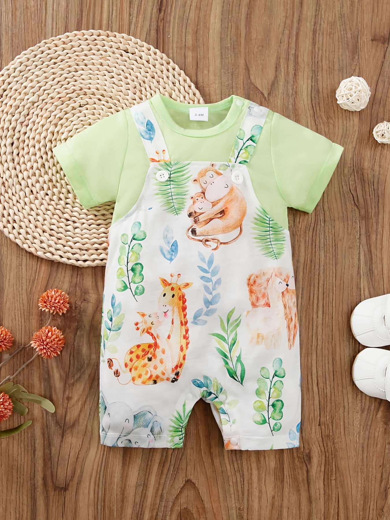 Newborn Infant Suspender Splicing Romper Cartoon Animals Graphic Short Sleeve