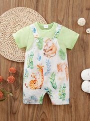 Newborn Infant Suspender Splicing Romper Cartoon Animals Graphic Short Sleeve