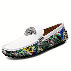 Men's Leather Loafer Slip On Shoes with Metal Decor