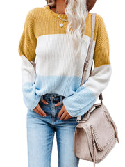 Women's Casual Crew Neck Block Long Sleeve Loose Knit Sweater