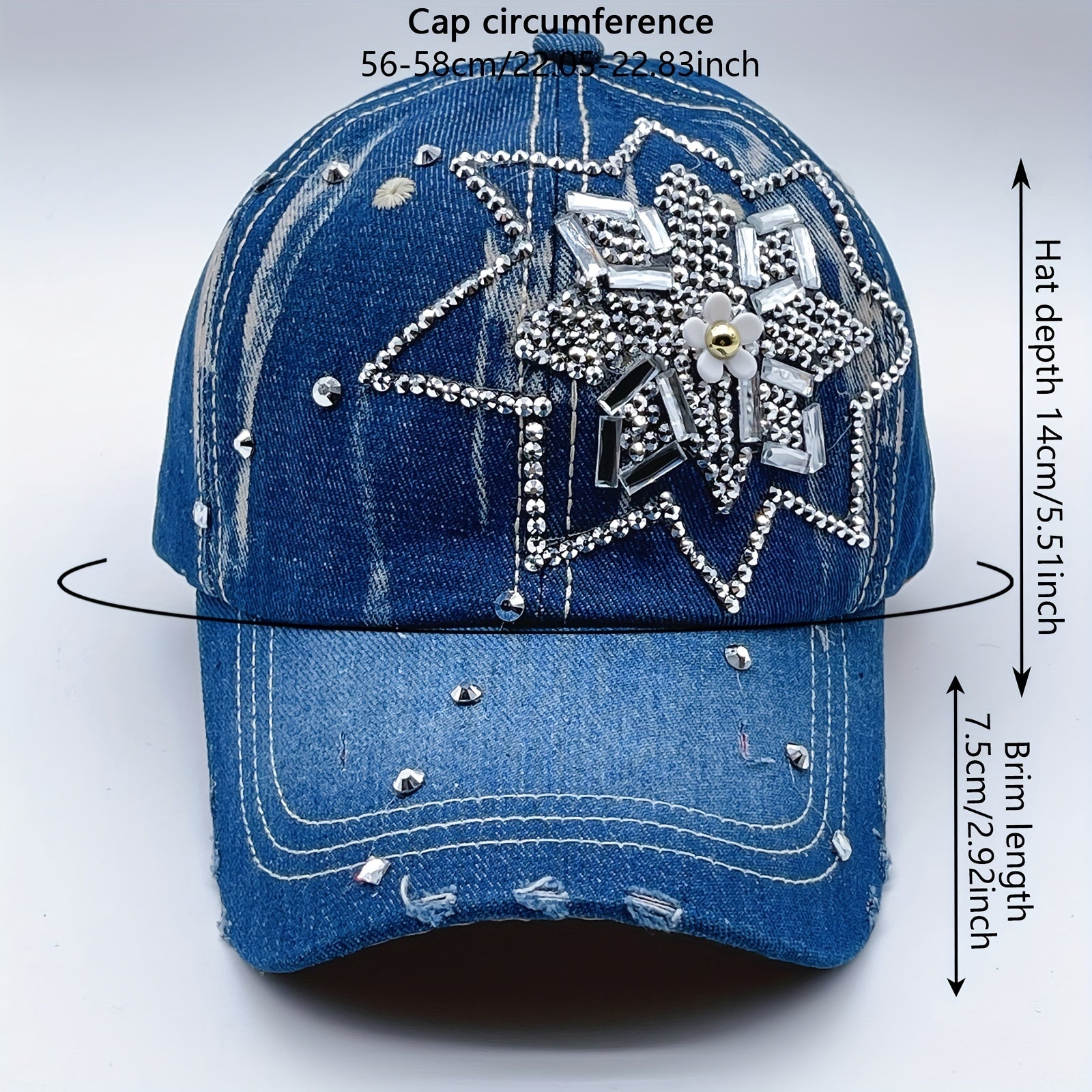 Rhinestone Flower Decor Baseball Cap Washed Distressed Denim Sun Hat