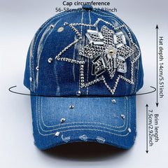 Rhinestone Flower Decor Baseball Cap Washed Distressed Denim Sun Hat