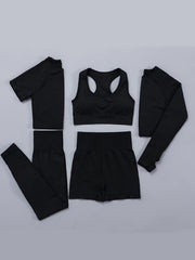 5PCS Seamless Yoga Sets Crop Tee, Racer Back Vest, High Waist Short, Running Leg