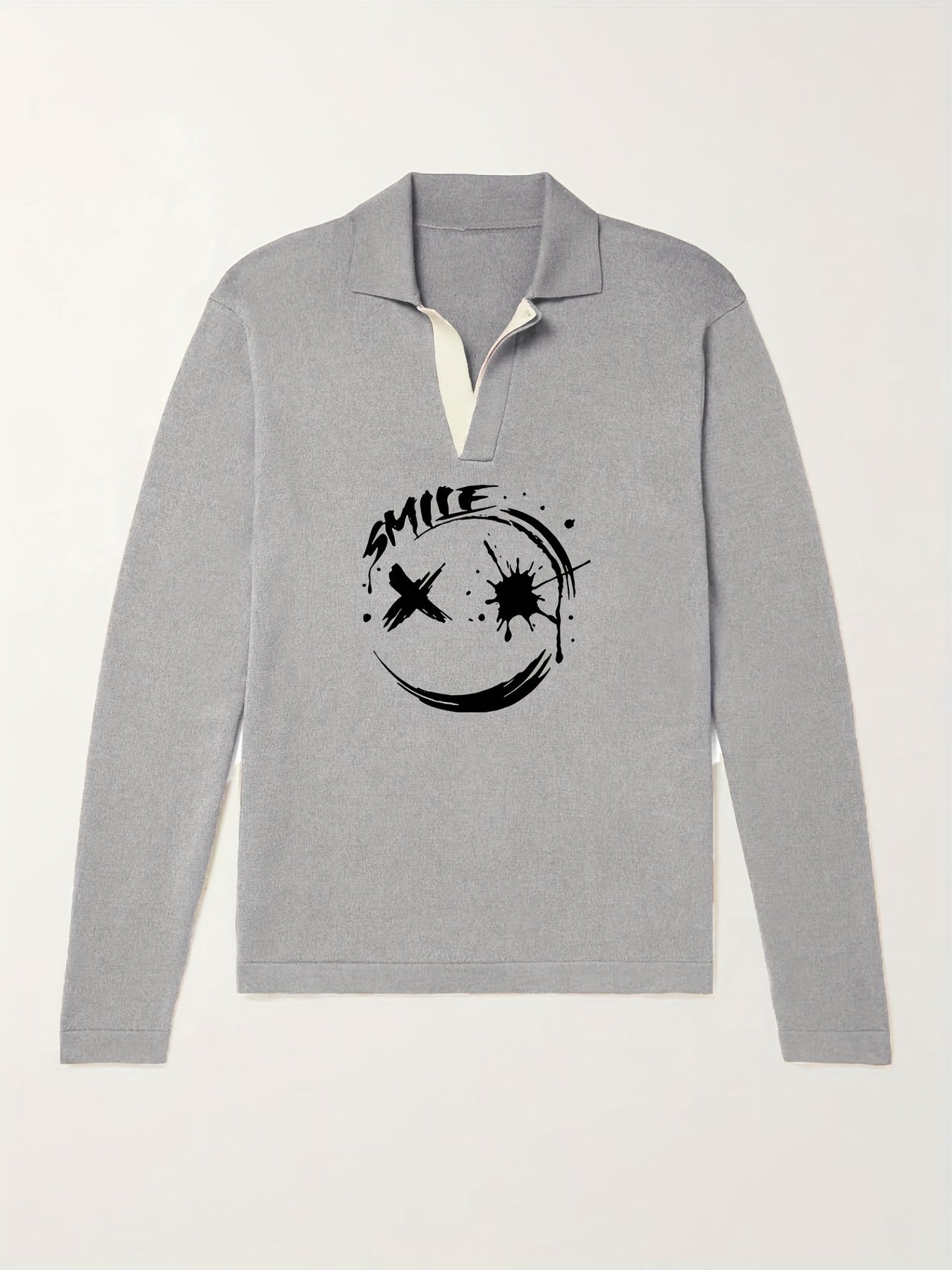 Smile Face Pattern Knit Polo Shirt Men's Casual Lapel Pullover Sweater