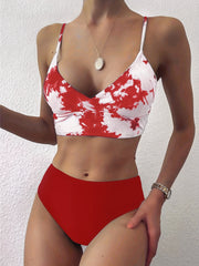 Print Beach Bikini Sets V Neck Spaghetti Straps High Cut Two Pieces Swimsuit