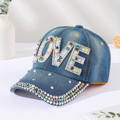 Rhinestone LOVE Patch Baseball Cap Denim Distressed Dad Hat