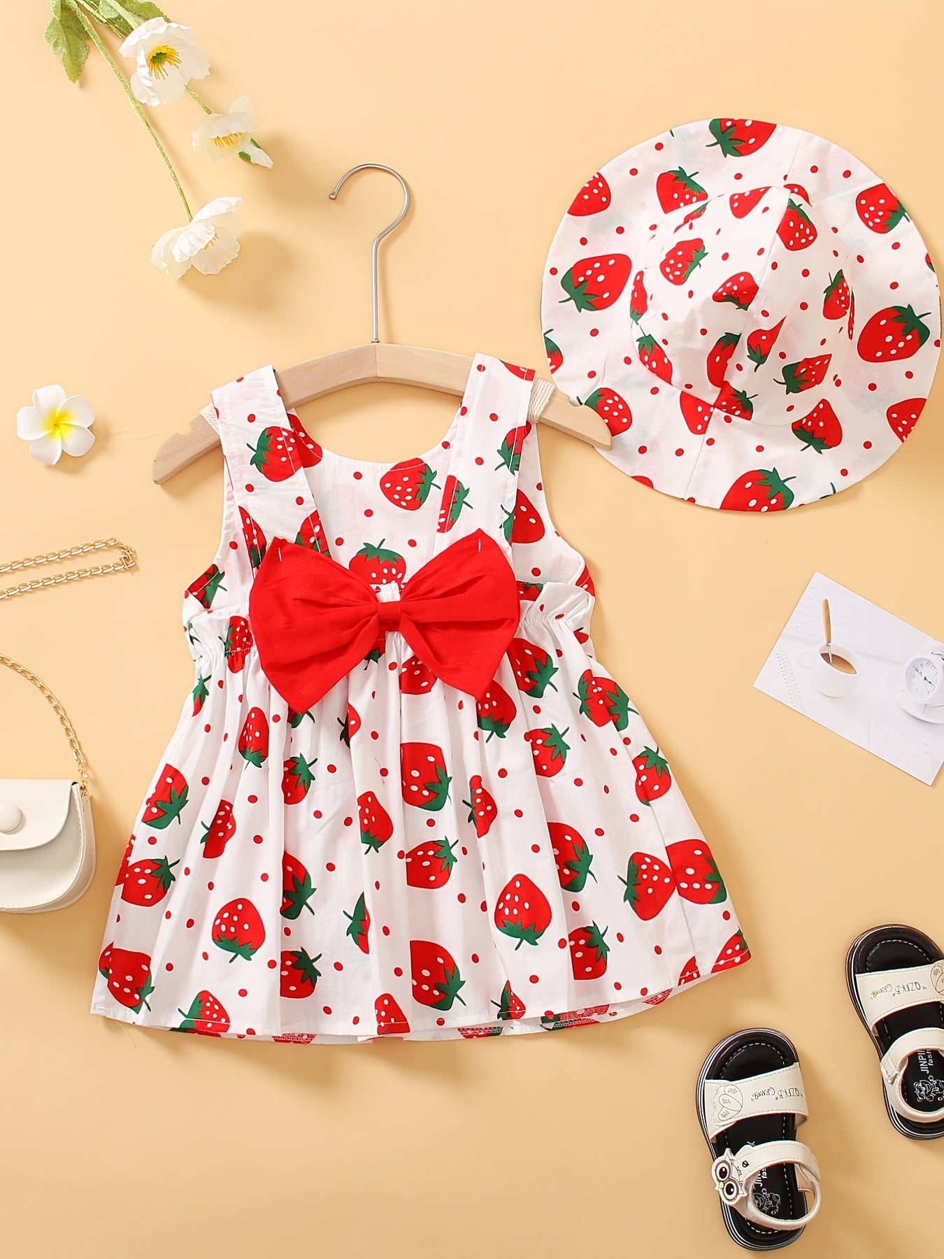 Girls Strawberry Print Sleeveless Dress & Hat Set