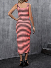 Striped Print Split Dress Sexy Squared Neck Sleeveless Dress Women's Clothing