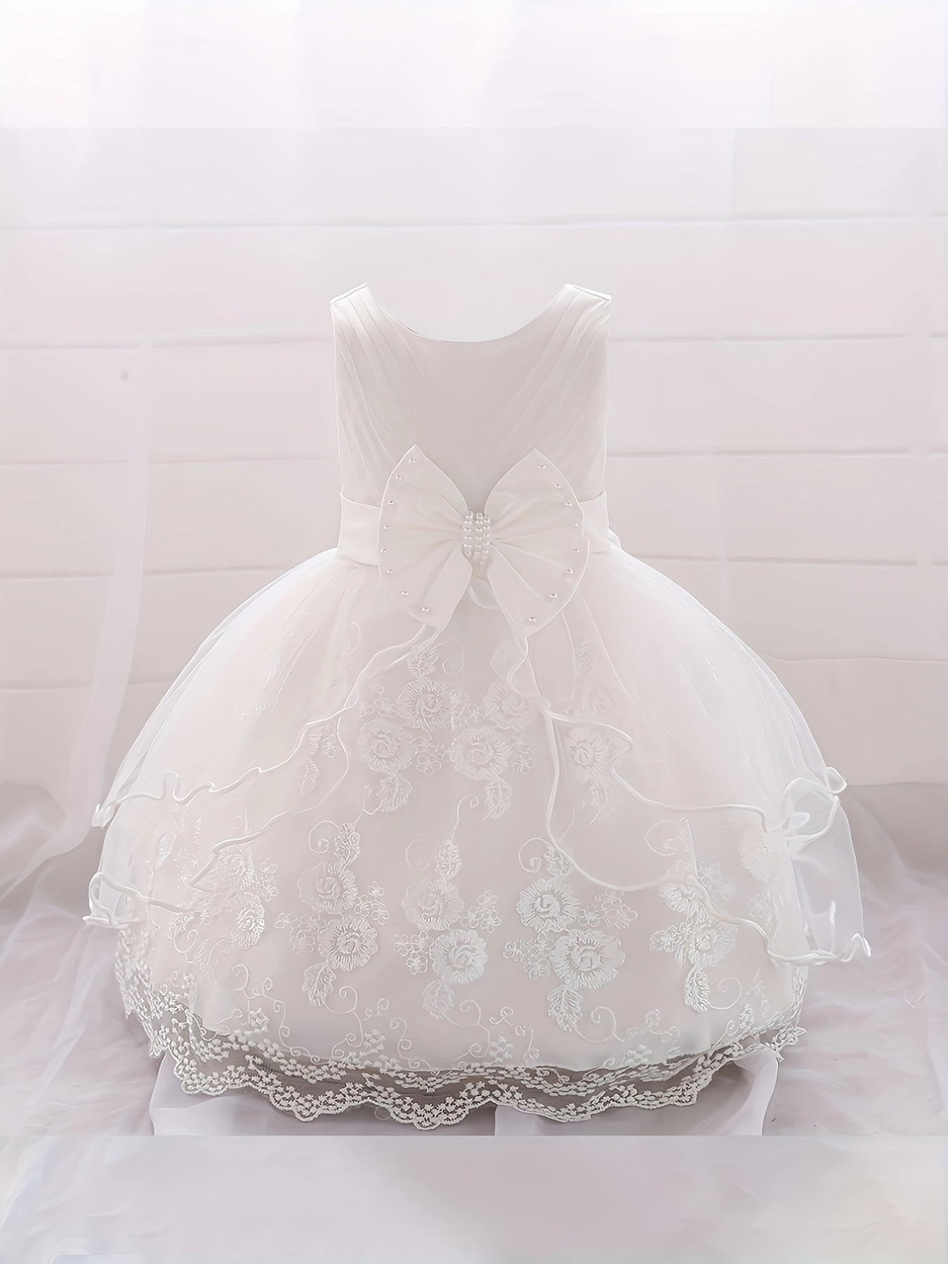 Infant Toddler Girls Pompadour Dress Embroidery Mesh Flower Girl Birthday Dress