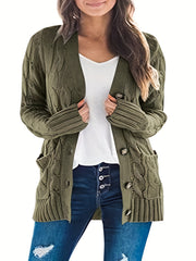 Solid Color Jacquard Button Long Sleeve Cardigan