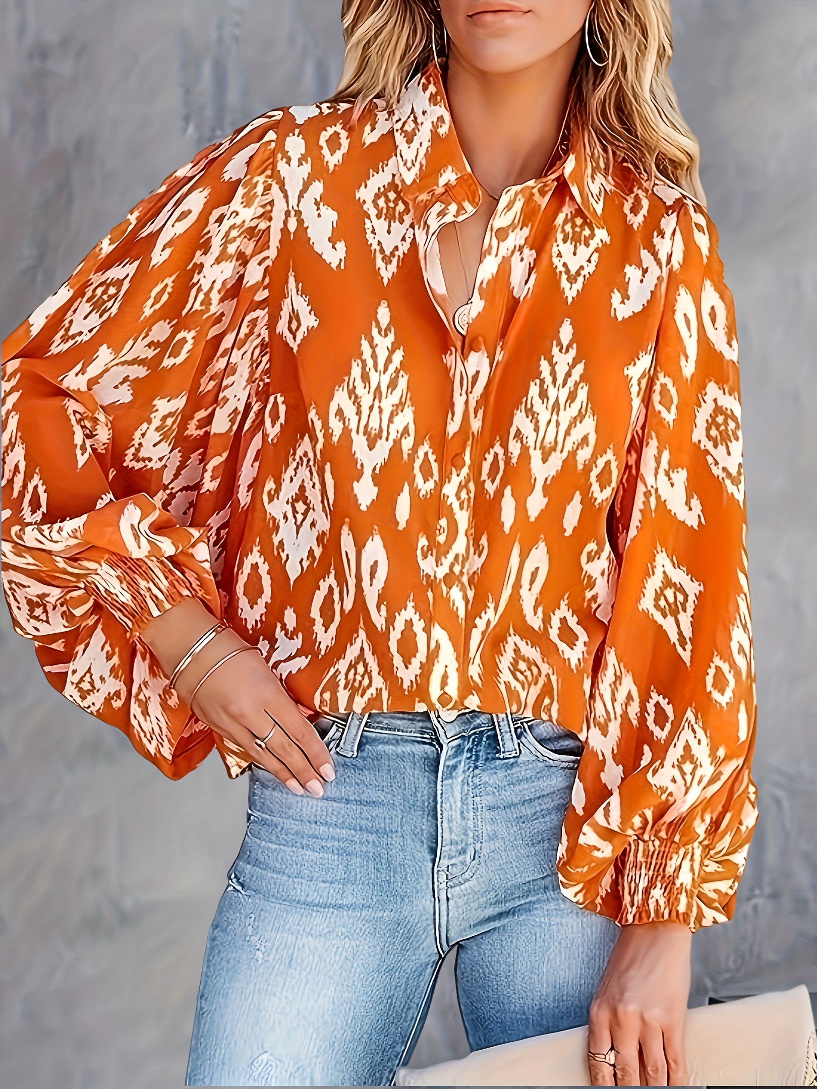 Paisley Print Button Up Lantern Sleeve Boho Blouse