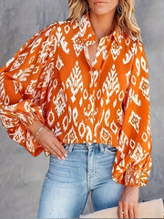 Paisley Print Button Up Lantern Sleeve Boho Blouse