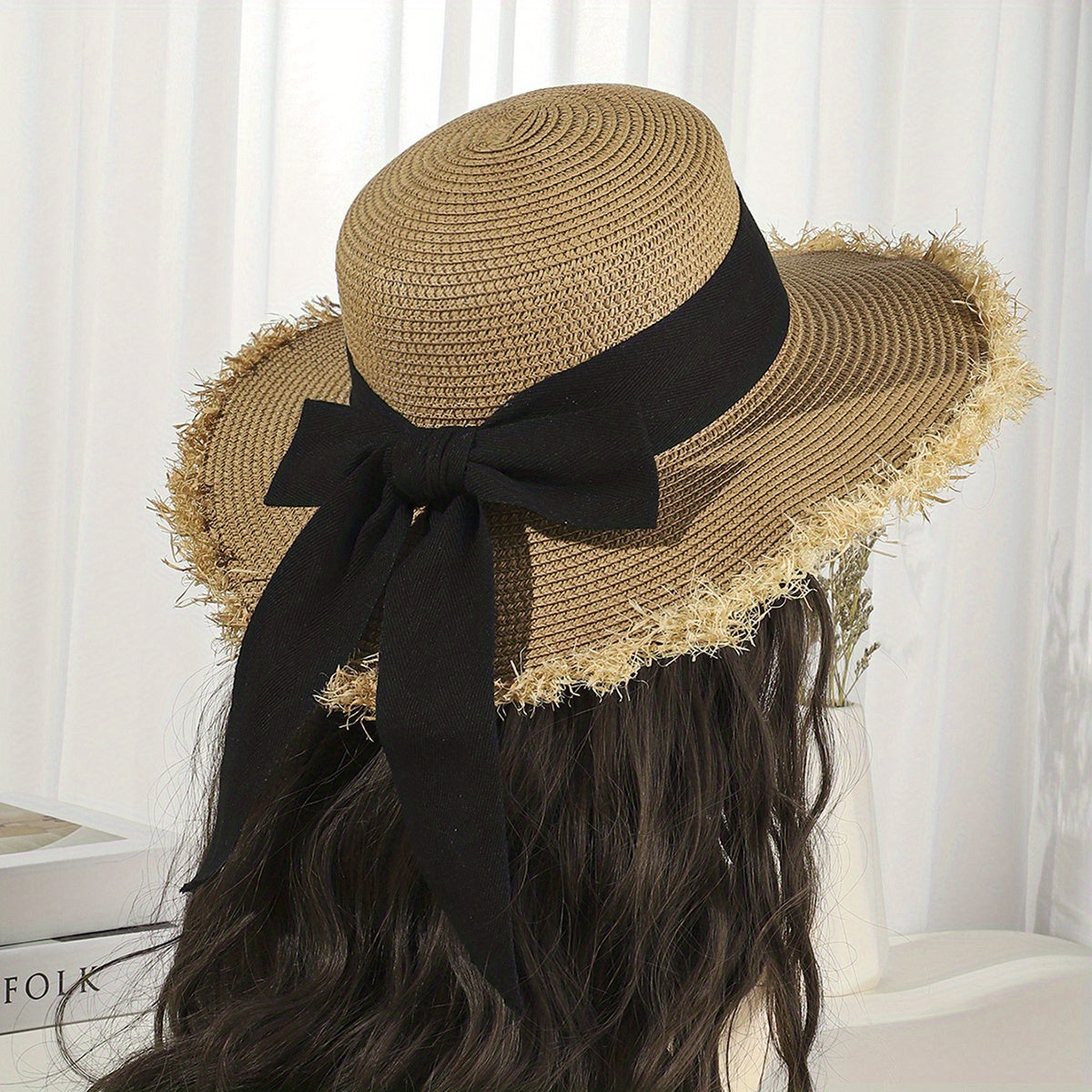 Straw Sun Hat Bowknot Decor Flat Top Jazz Fedora French Style Sunshade Beach Hat
