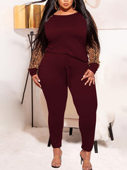 Leopard Print Pullover & Drawstring Pants Set Plus Size Long Sleeve Outfits