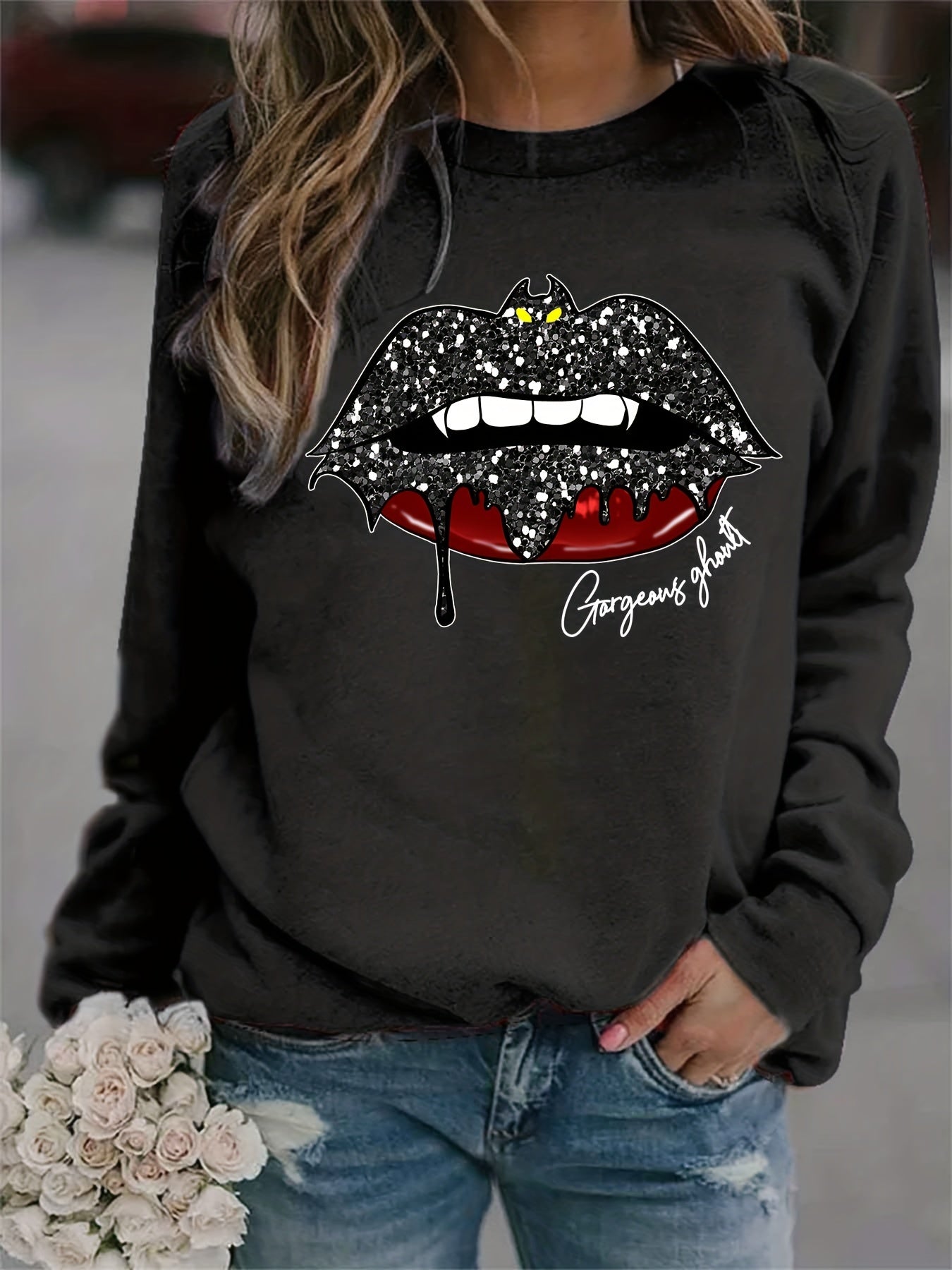 Bat Lip Print Sweatshirt Long Sleeve Crew Neck Women's Clothing