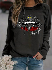 Bat Lip Print Sweatshirt Long Sleeve Crew Neck Women's Clothing