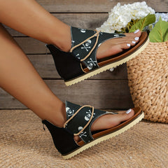 Skull Pattern Zipper Back Thong Sandals Open Toe Summer Flat Shoes