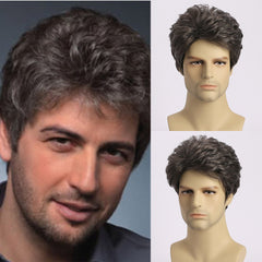 Men's Gray Short Curly Wig Natural Oblique Bangs