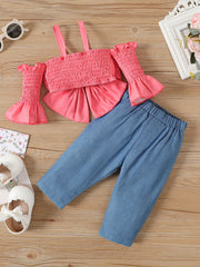2pcs Baby Girls Suspender Outfit Set with Ruffle Bow Decor and Denim Pants