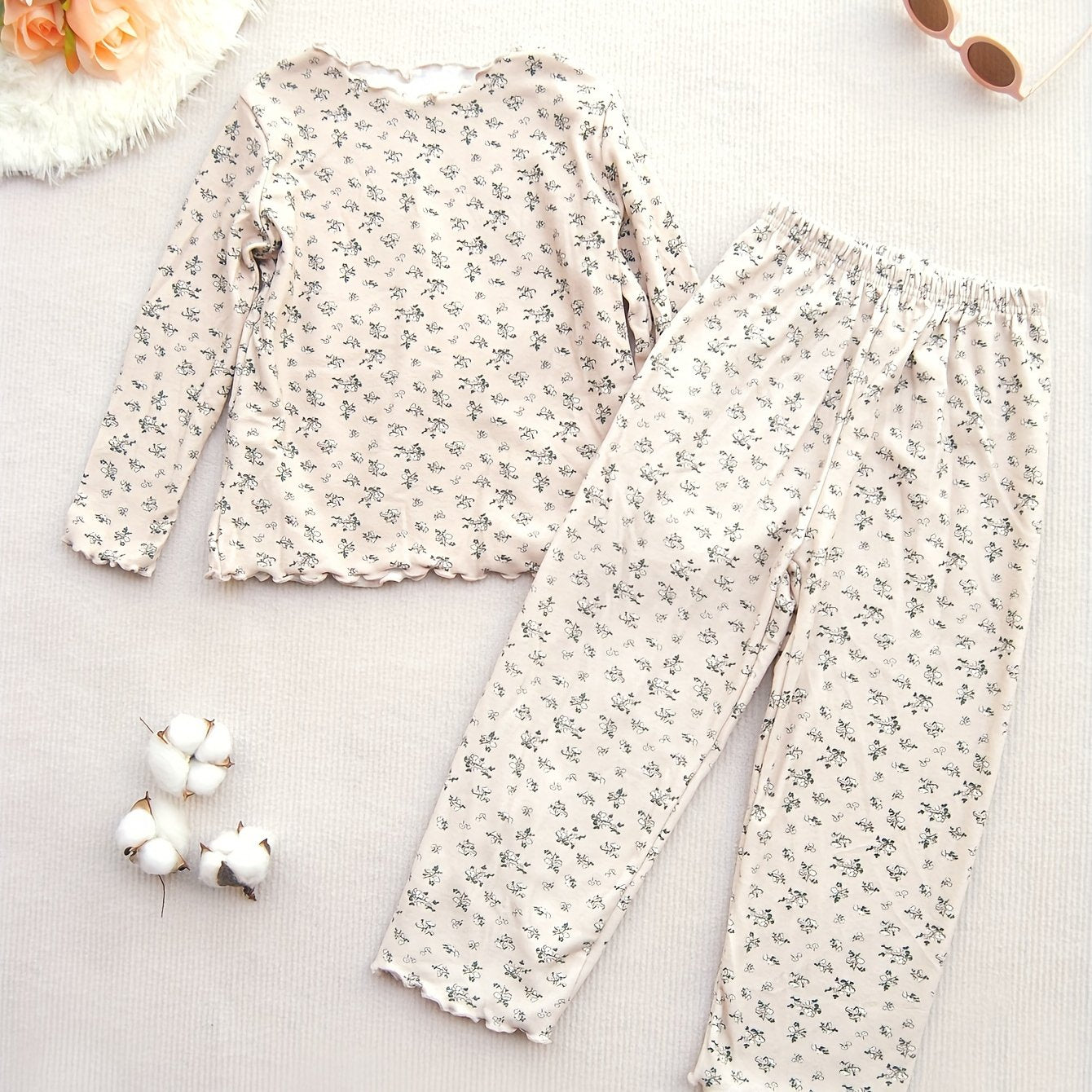 2pcs Floral Pajama Set Long Sleeve Top & Pants Cozy PJ Girl's Loungewear