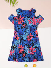 Girls Flower Cold Shoulder Dress Spring Summer Gift