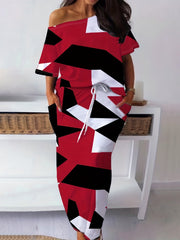 Women's Plus Size Colorblock Geometric Print Top & Skirt Set