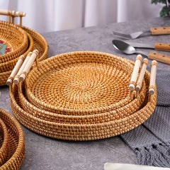 Rattan Serving Tray Double Ear Tea Tray Fruit Plate Bread Snack Basket