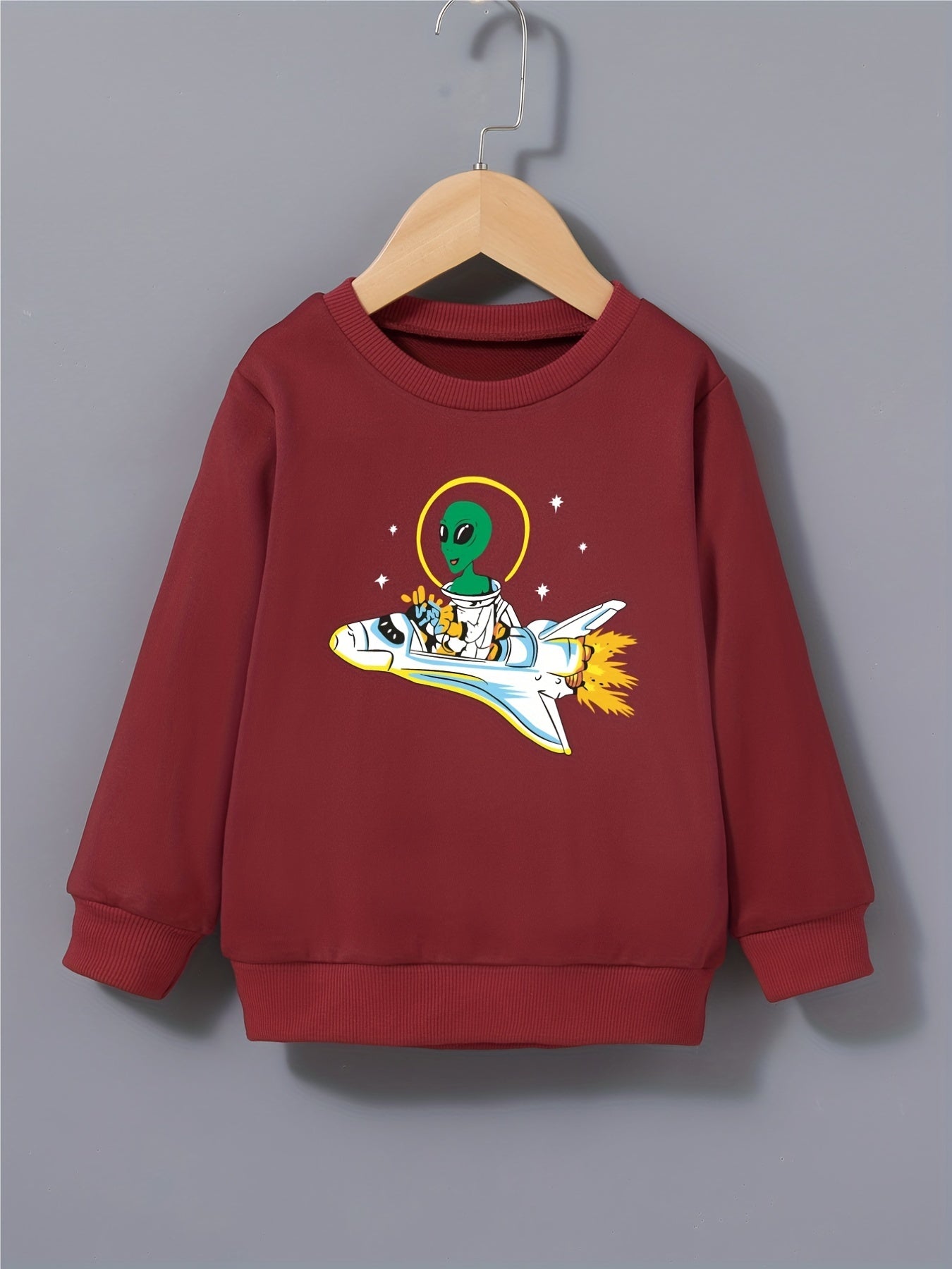 Boys Space Alien & Airplane Print Sweatshirt Crew Neck Top
