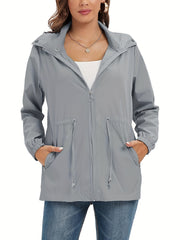 Solid Hooded Rain Jacket Zip Up Long Sleeve Outerwear