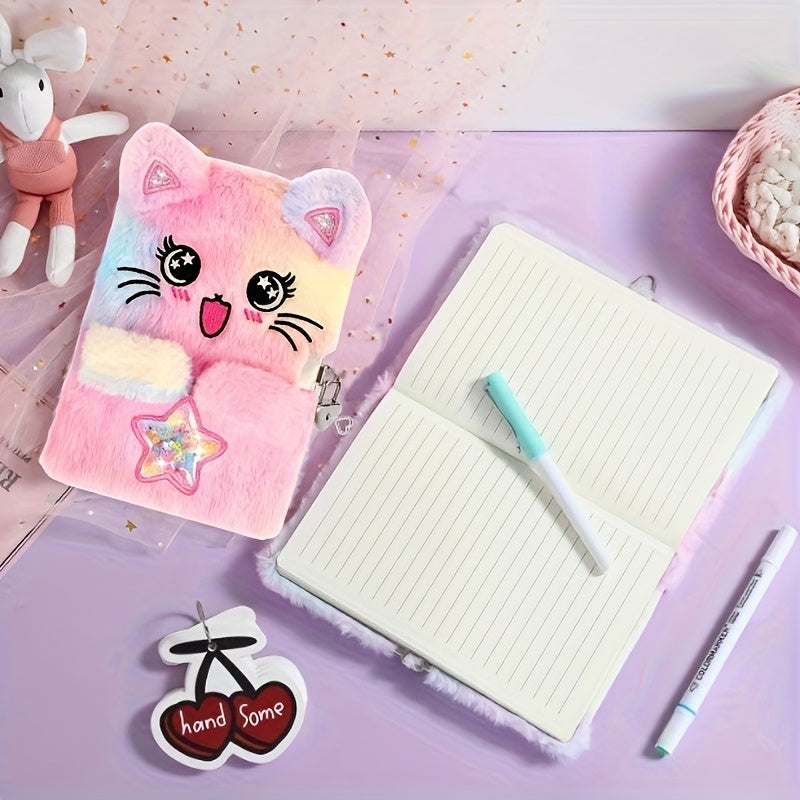 Girl Cat Diary with Lock and Key Tie Dye Plush Flocked Cover Star Cat Pink
