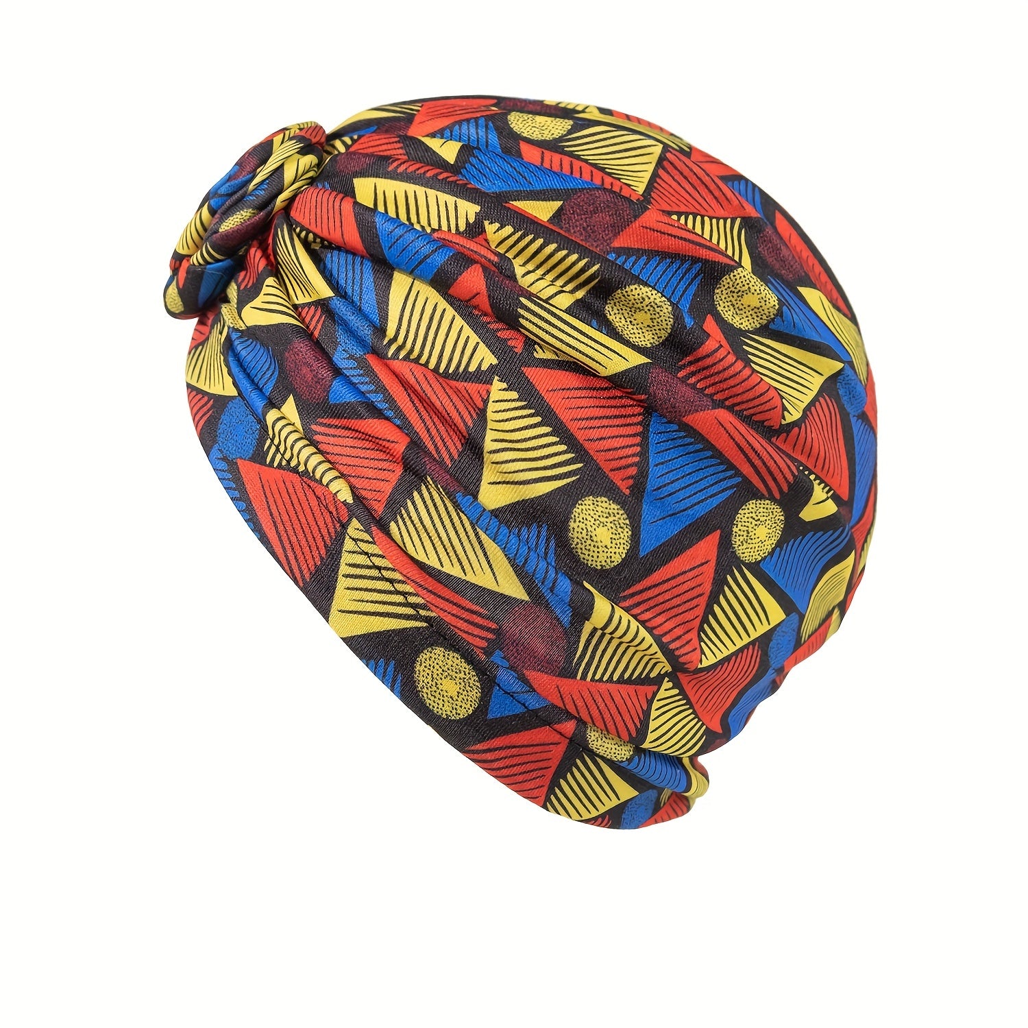 Geometric Print Pleated Turban Pre Tied Front Knot Elastic Beanie Head Wrap