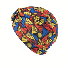 Geometric Print Pleated Turban Pre Tied Front Knot Elastic Beanie Head Wrap
