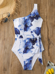 Marble Print One Shoulder Tie Front One Piece Bathing Suit