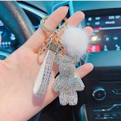 Unique Fun Keychain Gift For Girls with Artificial Diamond Hairball Bear