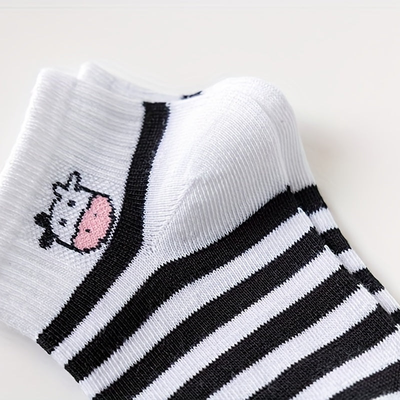 5Pairs Girls Cartoon Cow Print Cotton Blend Ankle Socks for Spring