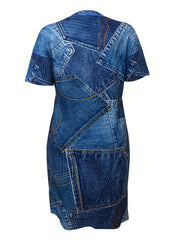 Denim Print V Neck Dress With Pockets