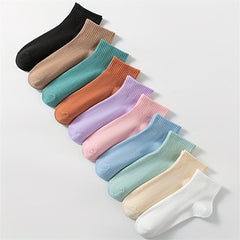 10 Pairs Women's Solid Crew Short Socks - Comfy & Breathable Stockings