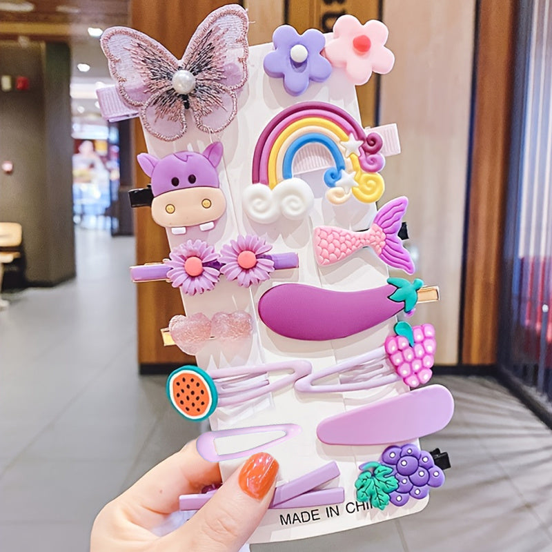 14Pcs Candy Hair Pin Set for Kids Flower Rainbow Animal & Fruit Clips