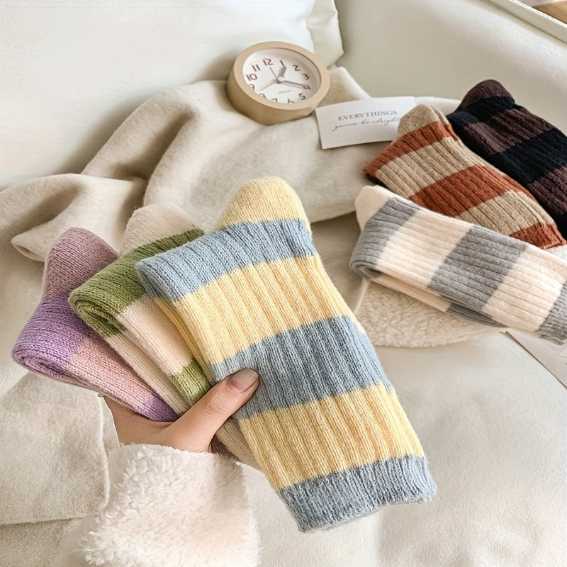 6 Pairs Colorblock Crew Socks Warm College Style Stockings
