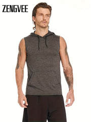 Men's Workout Hooded Tank Tops Quick Dry Gym Hoodies Running Shirts Bodybuilding